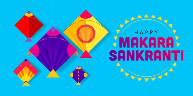 Vector happy makara sankrantii banner with festive kites hanging