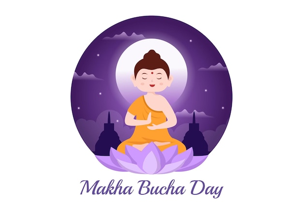 Happy Makha Bucha Day Hand Drawn Illustration Buddha Sitting in Lotus Flower under Bodhi Tree