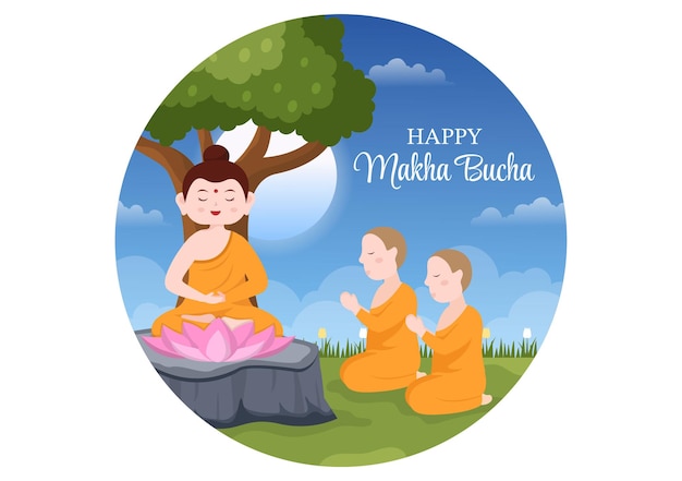 Vector happy makha bucha day hand drawn illustration buddha sitting in lotus flower under bodhi tree