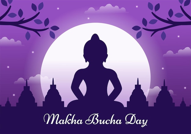 Happy Makha Bucha Day Hand Drawn Illustration Buddha Sitting in Lotus Flower under Bodhi Tree