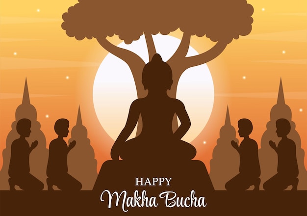 Happy Makha Bucha Day Hand Drawn Illustration Buddha Sitting in Lotus Flower under Bodhi Tree