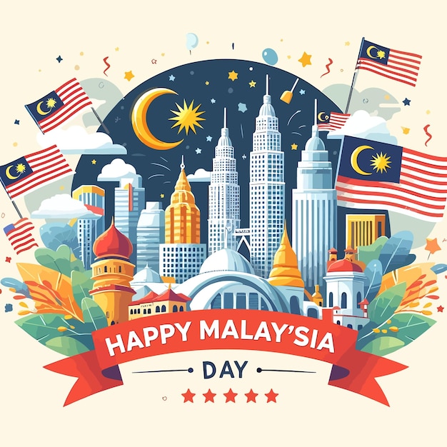 Happy Malaysia Day greeting card poster banner template design Flat illustration background