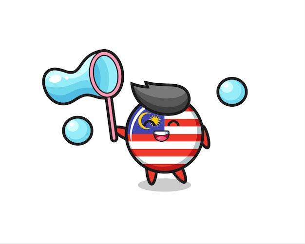 Happy malaysia flag badge cartoon playing soap bubble