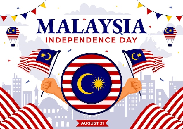 Happy Malaysia Independence Day Vector Illustration on 31 August with Waving Flag and Ribbon in a National Holiday Flat Cartoon Background