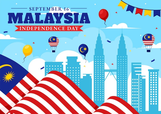 Happy Malaysia Independence Day Vector Illustration on September 16 with Waving Flag and Ribbon in a National Holiday Flat Style Cartoon Background