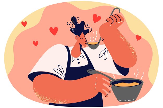 Happy male chef tasting food from pan Smiling man in apron cooking preparing food at home Hobby and culinary concept Vector illustration