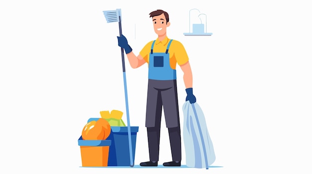 Vector happy male cleaner in uniform with cleaning tools