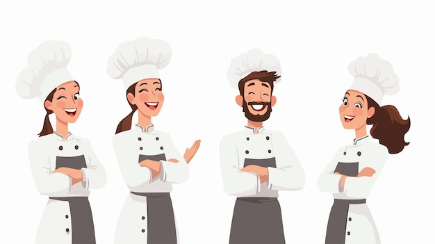 Vector happy male and female chefs laughing with coworkers in professional kitchen