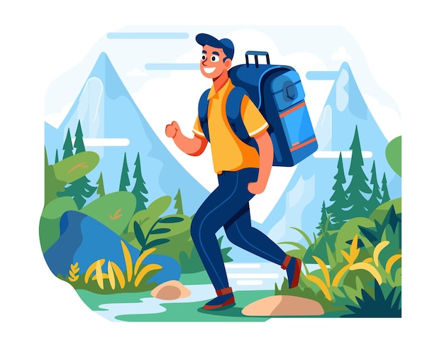 Happy male hiker trekking through mountains lush forest background nature adventure young man