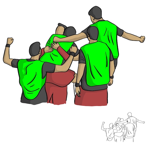 Vector happy male soccer player team after goal vector illustration sketch doodle hand drawn