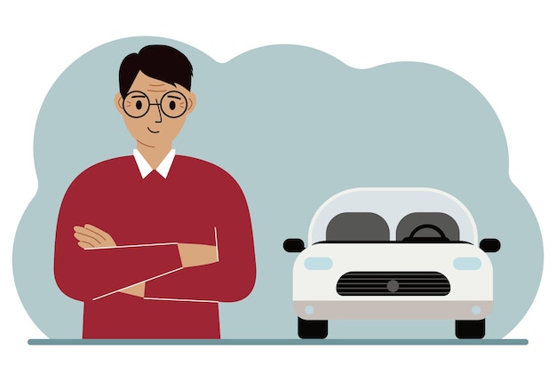 Happy man next to a beautiful white car Vector flat illustration