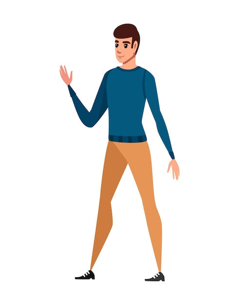 Happy man in casual clothes with up raised arm welcome gesture cartoon design vector illustration