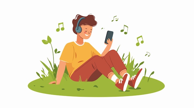 Vector happy man enjoying music on smartphone