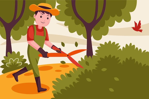 Happy man farmer cutting plants at the garden.