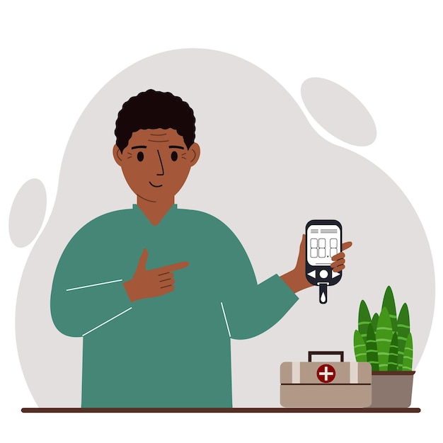 Happy man holds a glucometer in his hand The concept of blood sugar control diabetic Vector flat illustration