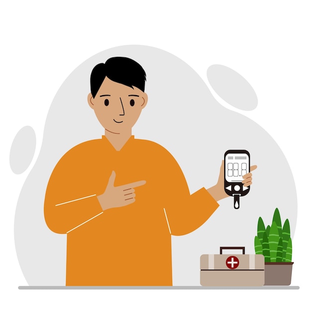 Happy man holds a glucometer in his hand The concept of blood sugar control diabetic Vector flat illustration