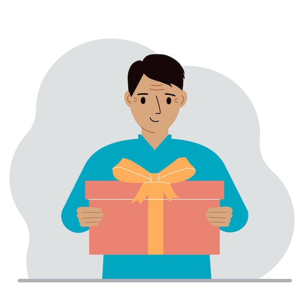 Happy man holds a large gift box with a bow in his hands Vector flat illustration