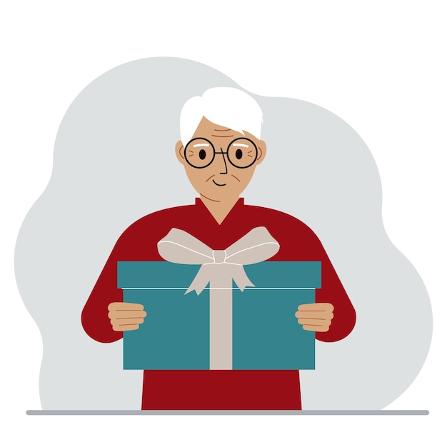 Happy man holds a large gift box with a bow in his hands Vector flat illustration