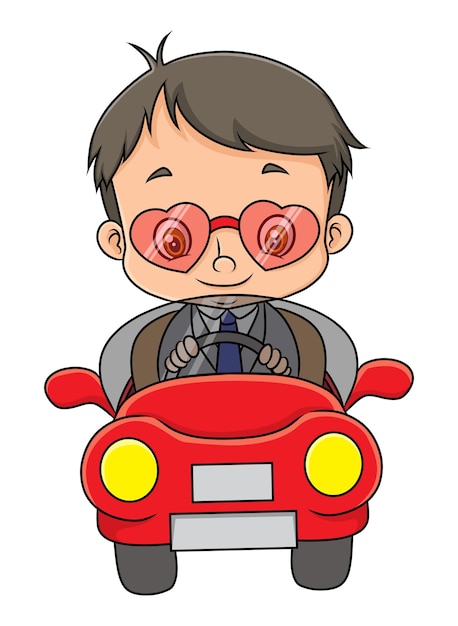 The happy man is driving the car with the love glasses of illustration