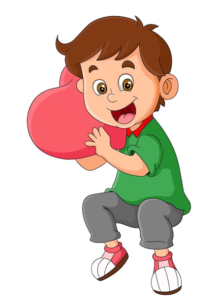 The happy man is sitting and holding the heart pillow