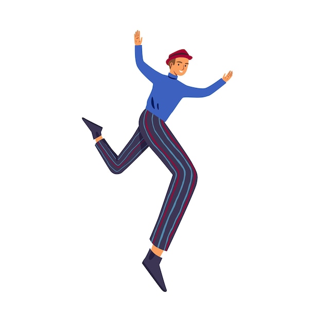 Happy man jumping or flying for fun and joy. Active carefree guy with feeling of freedom and carelessness. Colored flat vector illustration of funny positive character isolated on white background.