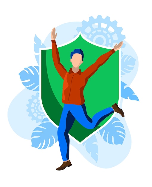 happy man jumping infront of shield protection security concept vector illustration