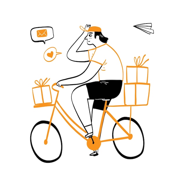 Happy man riding a bicycle carrying gift boxes love and miss concept, Hand drawing vector illustration doodle style.