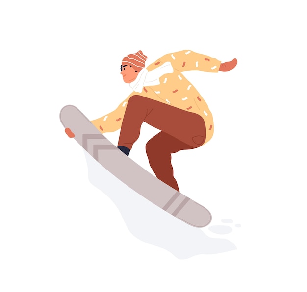 Happy man riding snowboard. Snowboarder jumping up and holding snow board with hand. Extreme winter sport. Flat vector illustration of person during snowboarding isolated on white background.