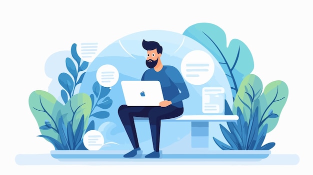 Vector happy man searching on internet banner