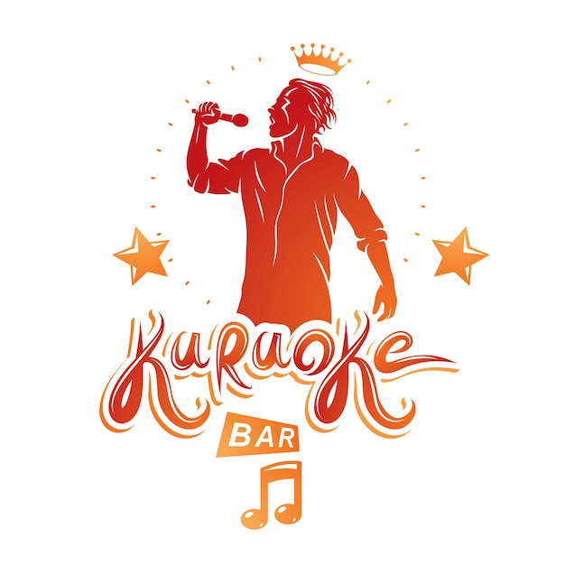 Happy man sings karaoke, karaoke bar promotion flyer template design. Vector illustration.