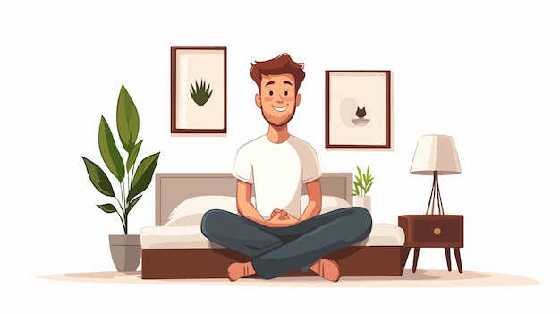 Happy Man Sitting Near Bed at Home Cartoon Vector