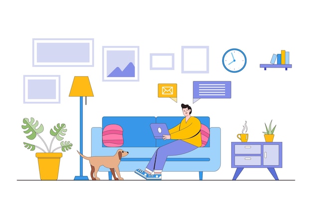 Happy man sitting on sofa and working with laptop at home Freelancer and home lifestyle concept Can use for backgrounds infographics hero images Modern vector illustration in flat style