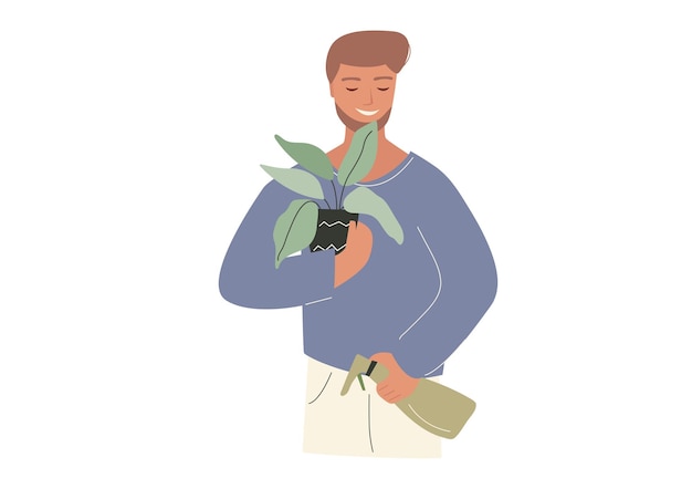 A happy man with a beard takes care of a houseplant in a pot holds it in his hands