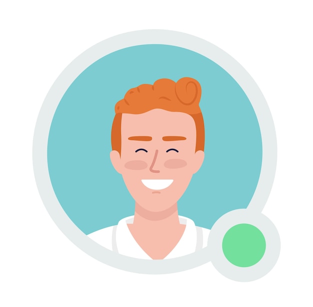 Happy man with curly red hair flat vector avatar icon with green dot