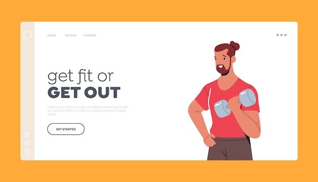 Happy Man with Dumbbell Landing Page Template. Sportsman Male Character Workout with Weight. Bodybuilding Exercises, Sport Activity, Healthy Lifestyle Concept. Cartoon People Vector Illustration