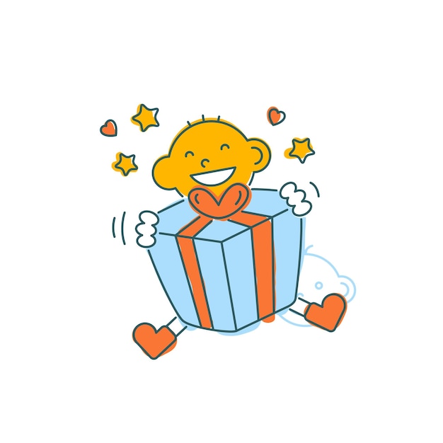 Happy man with gift box Funny character design Vector illustration in trendy linear cartoon style