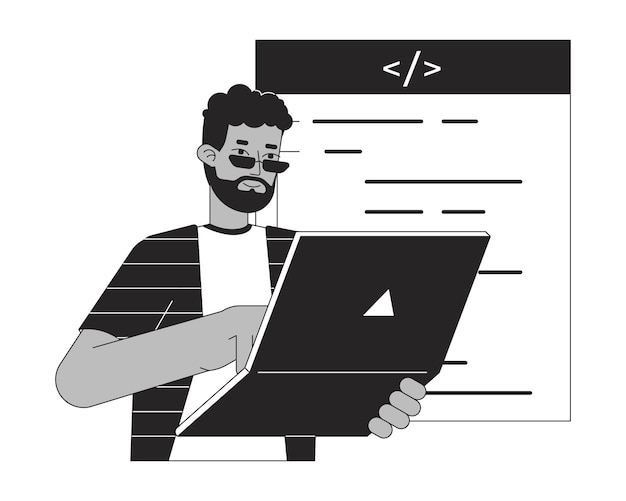 Happy man with laptop bw concept vector spot illustration Programmer coding 2D cartoon flat line monochromatic character for web UI design Freelance Editable isolated outline hero image