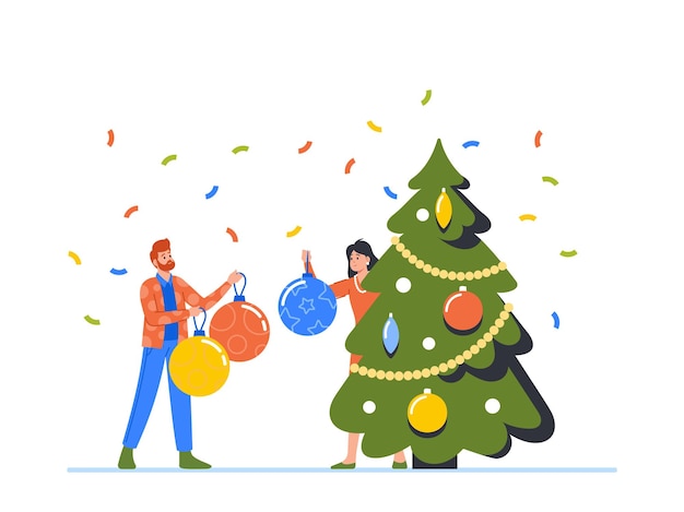 Happy Man and Woman Decorating Christmas Tree Put Balls on Branches Male and Female Characters Preparing for New Year