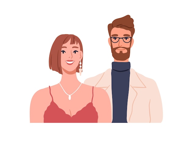 Happy man and woman, face portrait. Love couple of male and female smiling. Husband and wife together. Two romantic cheerful people. Flat graphic vector illustration isolated on white background.