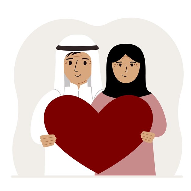 Vector happy man and woman holding a big red heart in their hands love