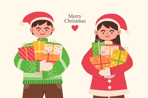 Happy man and woman holding christmas gifts