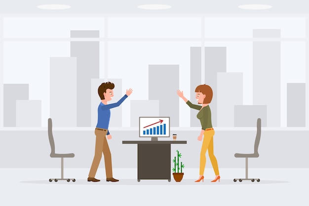 Happy man and woman indoor working place vector illustration Workers giving high five successful report smiling hands up male and female cartoon character set