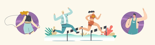 Happy Man and Woman Running with Obstacles on Stadium, Singing Karaoke and Jumping with Rope. Active Life, Sport Activity, Jogging and Sport Healthy Lifestyle. Cartoon People Vector Illustration