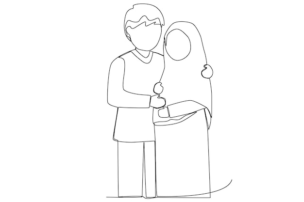 Happy man and woman with hijab in her pregnancy one line art