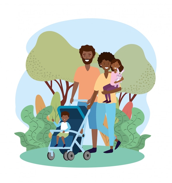 happy man and woman with their son in the stroller