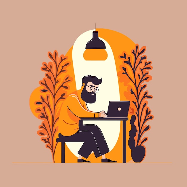 Happy man working on laptop in hygge style freelance remote work vector