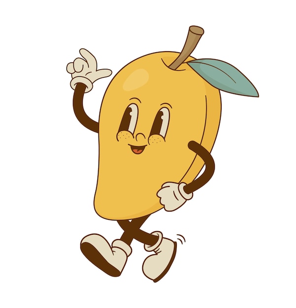 Happy mango mascot vector illustration Funny retro cartoon fruit character Healthy food