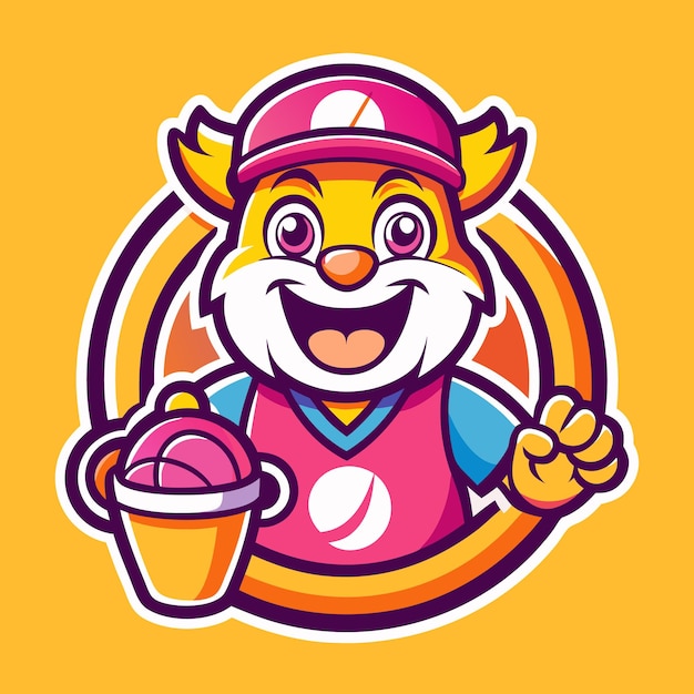 Happy mascot holding a ball in a bucket