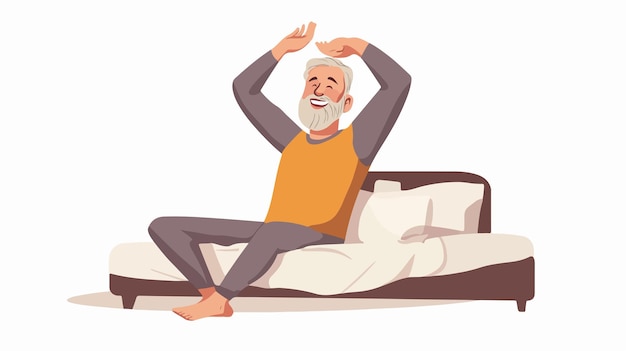 Happy Mature Man Stretching on Bed at Home