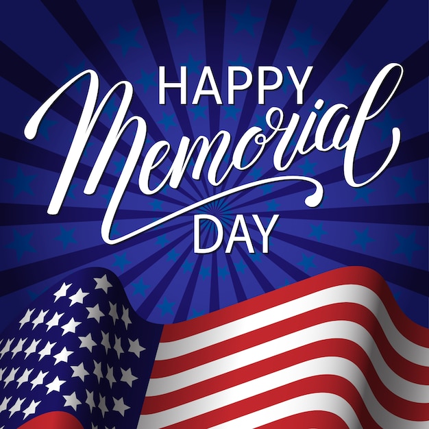 Happy Memorial Day background with USA flag, hand lettering. National american holiday illustration